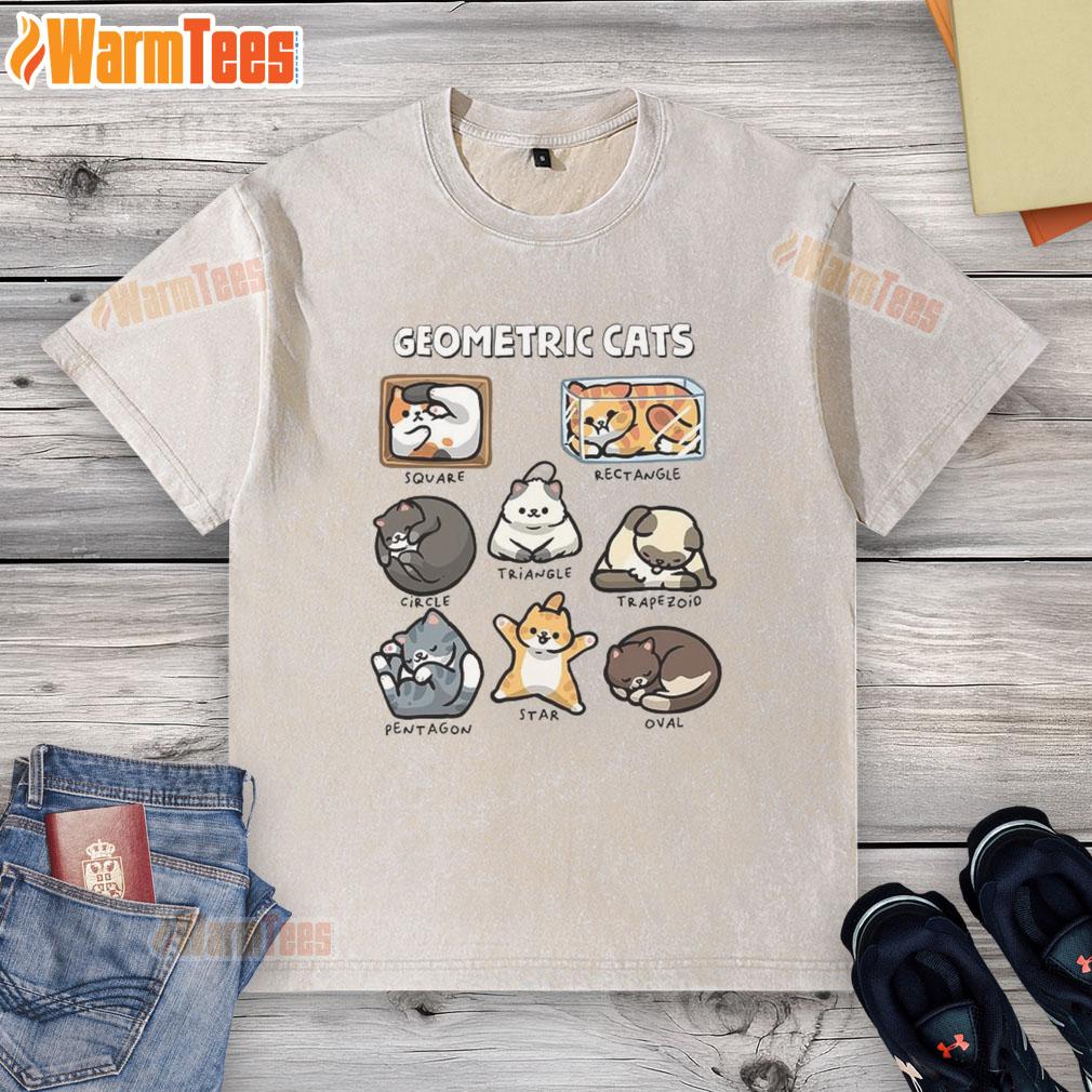 pretty-geometric-cats-washed-t-shirt Pretty geometric cats design on a washed t-shirt, showcasing a playful and stylish feline-themed graphic.