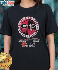Alt Text: Pretty Georgia Bulldogs and Atlanta Falcons helmet logo mashup on a ladies tee for game day style.