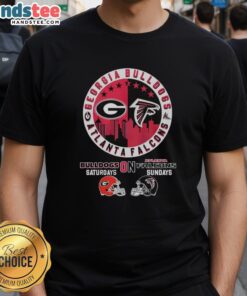 Alt Text: Georgia Bulldogs and Atlanta Falcons helmet logo mashup T-shirt for stylish fans on game days.
