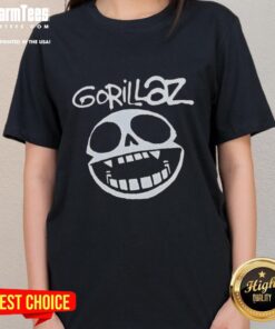 Pretty Gorillaz band skull logo on a stylish ladies tee, showcasing vibrant colors and unique design.