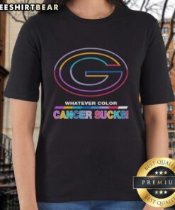 Green Bay Packers football ladies tee featuring 'Cancer Sucks' logo in vibrant colors, perfect for game day support.