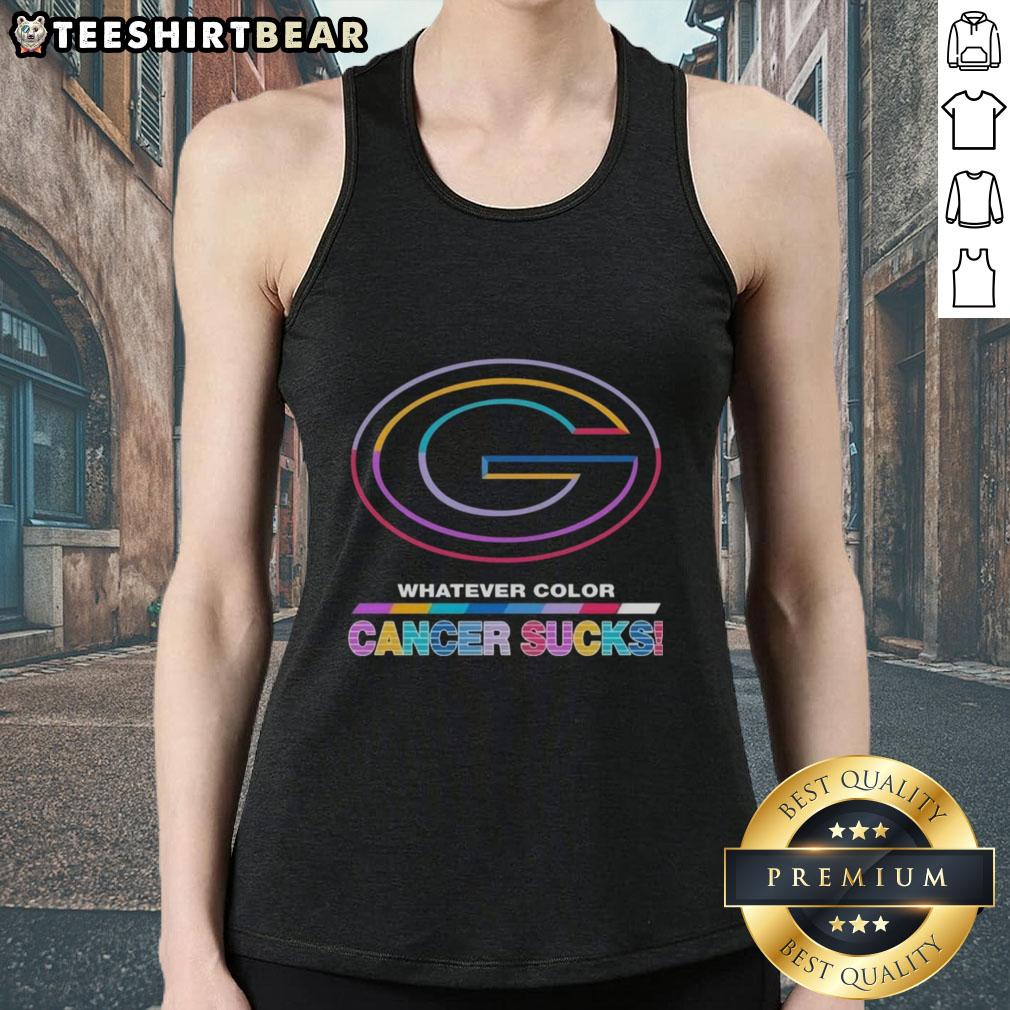 pretty-green-bay-packers-football-whatever-color-cancer-sucks-logo-colors-tank-top Pretty Green Bay Packers football tank top featuring colorful 'Cancer Sucks' logo, perfect for fans supporting a cause.