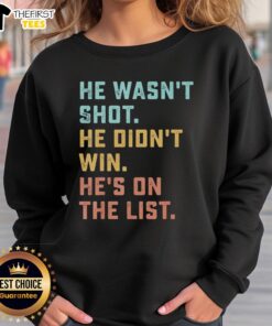 Alt Text: Funny quote sweatshirt featuring Pretty He Wasn't Shot He Didn't Win He's On The List design, perfect for casual wear.