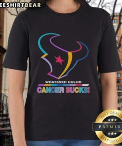Pretty Houston Texans football tee in vibrant colors with 'Cancer Sucks' logo, perfect for ladies' casual wear.
