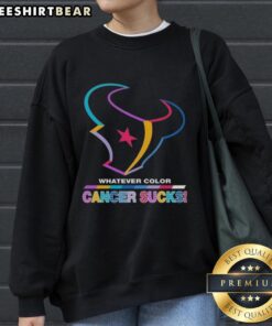 Stylish Houston Texans sweatshirt featuring 'Cancer Sucks' logo in team colors, perfect for football fans and cancer awareness.