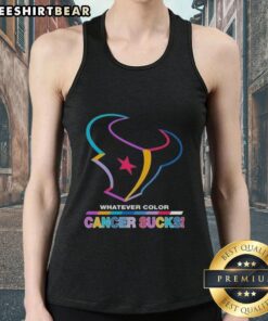 Pretty Houston Texans Football tank top with colorful 'Cancer Sucks' logo, perfect for sports fans supporting a cause.
