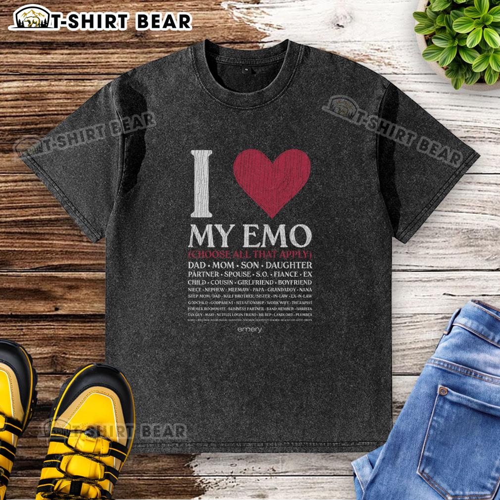 Pretty I Love My Emo Choose All That Apply Washed T Shirt Pretty I Love My Emo Choose All That Apply washed t-shirt displayed on a hanger, showcasing its trendy design and soft fabric.