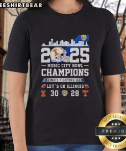 Alt Text: Pretty Illinois Fighting Illini Music City Bowl Champions 2025 Ladies Tee, celebrating Illinois football victory.