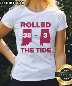 Indiana Hoosiers vs Alabama Crimson Tide ladies tee showcasing the Tide's victory with a 38-3 score.