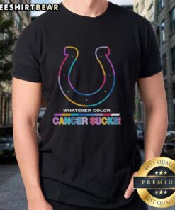 Alt Text: Pretty Indianapolis Colts Football T-Shirt featuring colorful 'Cancer Sucks' logo design, perfect for fans.