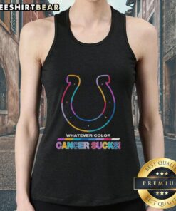 Indianapolis Colts tank top featuring 'Cancer Sucks' logo in team colors, perfect for sports fans and cancer awareness.