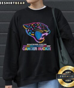 Alt Text: Jacksonville Jaguars sweatshirt featuring a colorful 'Cancer Sucks' logo, perfect for fans and supporters.
