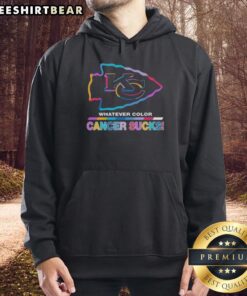 Alt Text: Kansas City Chiefs hoodie featuring vibrant colors and 'Cancer Sucks' logo, perfect for football fans supporting a cause.