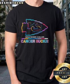 Alt Text: Stylish Kansas City Chiefs football T-shirt with colorful Cancer Sucks logo, perfect for supporters and awareness.