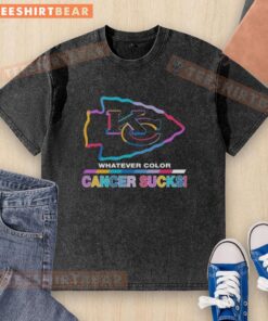 Alt Text: Kansas City Chiefs football t-shirt in washed colors, featuring 'Cancer Sucks' logo, perfect for fans and awareness.
