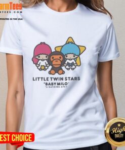 Alt Text: Pretty Little Twin Stars Baby Milo A Bathing Ape ladies tee featuring colorful graphic design and stylish fit.