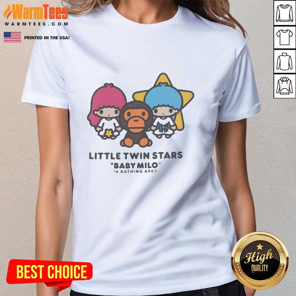 pretty-little-twin-stars-baby-milo-a-bathing-ape-ladies-tee Alt Text: Pretty Little Twin Stars Baby Milo A Bathing Ape ladies tee featuring colorful graphic design and stylish fit.