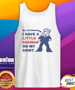 Woman wearing a tank top with 'I Have A Little Seaman' print, showcasing a fun and playful ocean-themed design.