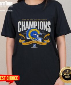 Alt Text: Pretty Los Angeles Rams NFC Championship Champions 2025-26 Big Helmet Center Ladies Tee in vibrant colors.