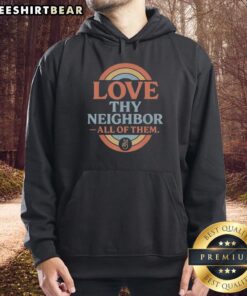 Retro vintage rainbow peace hoodie with 'Love Thy Neighbor' design, perfect for expressing positivity and style.