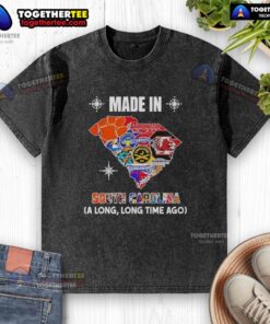 Alt Text: Pretty Made In South Carolina Long Time Ago state mashup logo on a washed t-shirt, perfect for casual wear.
