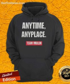 Markwayne Mullin Anytime Anyplace Team Mullin hoodie displayed on a model, showcasing stylish design and logo.