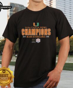 Miami Hurricanes 2026 CFP Semifinal Fiesta Bowl Champions T-Shirt featuring vibrant team colors and logo design.