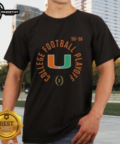 Miami Hurricanes College Football Playoff Bound 2025-2026 Season T-Shirt featuring vibrant team colors and logo.