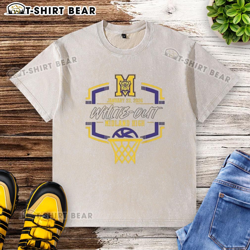 Pretty Midland Bulldog Basketball White Out Midland High 2026 Washed T Shirt Pretty Midland Bulldog Basketball White Out Midland High 2026 washed t-shirt featuring vibrant team colors and logo.