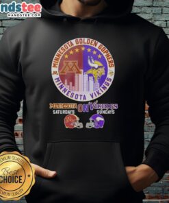 Alt Text: Minnesota hoodie featuring a mashup of Golden Gophers and Vikings helmet logos, perfect for game day style.