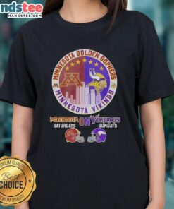 Pretty Minnesota Golden Gophers and Vikings helmet logo mashup on a ladies tee for game day style.