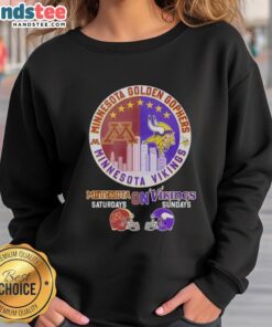 Stylish sweatshirt featuring a mashup of Minnesota Golden Gophers and Vikings helmet logos for game day.