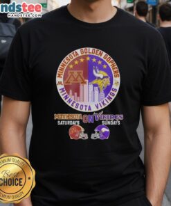 Stylish mashup T-shirt featuring Minnesota Golden Gophers and Vikings helmet logos for game day excitement.