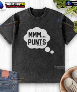 Alt Text: Pretty Mmm Punts The Drew Allen Washed T-Shirt displayed on a hanger, featuring a casual style and soft fabric.