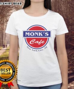 Pretty Monks Cafe in New York City: Stylish ladies tee featuring a vibrant design and cozy cafe atmosphere.