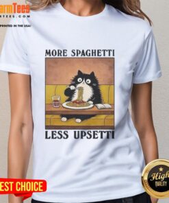 Black cat enjoying Italian food with 'Pretty More Spaghetti Less Upsetti' text on a ladies' tee shirt design.