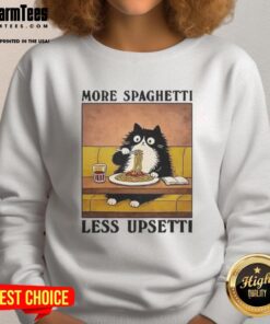 Black cat enjoying Italian food on a cozy sweatshirt, featuring 'Pretty More Spaghetti Less Upsetti' design.