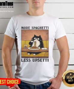 Black cat enjoying Italian food on a 'Pretty More Spaghetti Less Upsetti' T-shirt design, perfect for cat lovers.