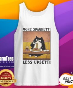 Black cat enjoying Italian food on a tank top, featuring the phrase Pretty More Spaghetti Less Upsetti for cat lovers.