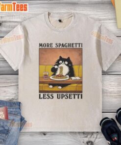 Black cat enjoying Italian food on a 'Pretty More Spaghetti Less Upsetti' washed t-shirt, perfect for cat lovers.