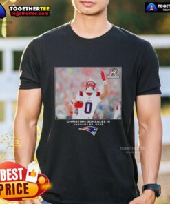 Alt Text: Christian Gonzalez New England Patriots NFL Flash Features T-Shirt, stylish design for Week 21 fans.