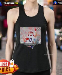 Alt Text: Christian Gonzalez wearing a stylish New England Patriots tank top during NFL Week 21 Flash Features event.