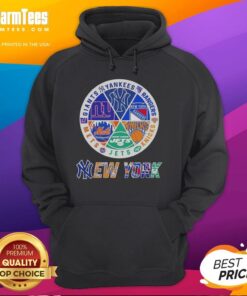 Alt Text: Stylish hoodie featuring logos of New York Yankees, Rangers, Knicks, Jets, Mets, and Giants for sports fans.