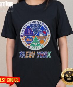 Pretty New York City sports logos featuring Yankees, Rangers, Knicks, Jets, Mets, and Giants on a ladies tee.