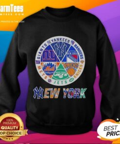 Stylish sweatshirt featuring iconic New York City sports team logos: Yankees, Rangers, Knicks, Jets, Mets, Giants.