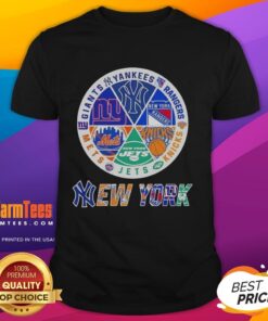 Pretty New York City sports T-shirt featuring Yankees, Rangers, Knicks, Jets, Mets, and Giants logos combined.