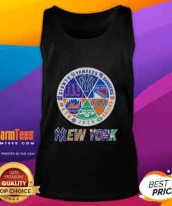Alt Text: Pretty New York City sports tank top featuring Yankees, Rangers, Knicks, Jets, Mets, and Giants logos.