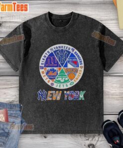 Pretty New York City Sports t-shirt featuring Yankees, Rangers, Knicks, Jets, Mets, and Giants logos in a stylish design.