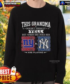 Grandma in a sweatshirt cheering for the New York Giants and Yankees, showcasing her team spirit and excitement.
