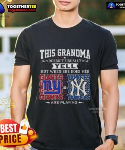 Alt Text: Grandma wearing a vibrant T-shirt supporting the New York Giants and Yankees, ready to cheer with excitement.